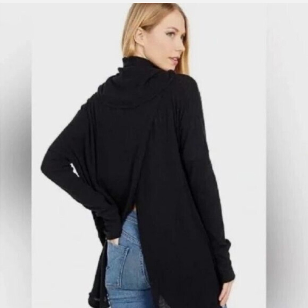 Free People Black Juicy Long Sleeve Turtle Neck Waffle Knit Split Back S